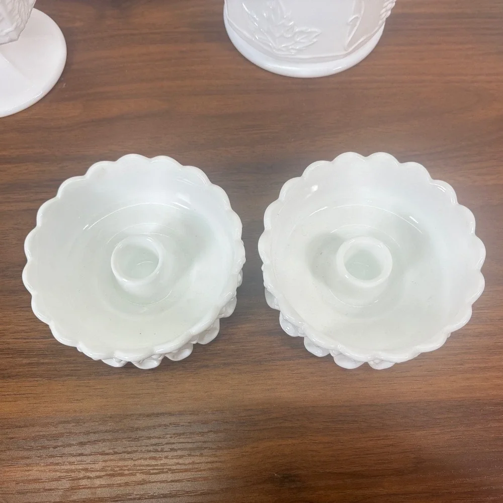 Vintage Fenton Hobnail Milk Glass Candy Dish, Two Candle Holders, Canister Lot 5